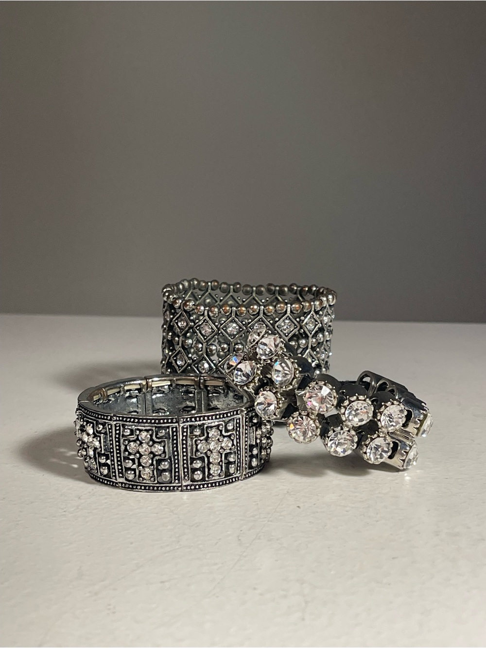 Lot of 3 Silver Tone Rhinestone Bracelets Stretch & Clasp Fashion Jewelry